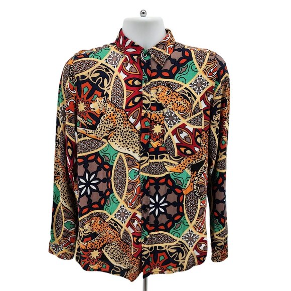 Reason Clothing Mens Medium Shirt Cheetah Retro Multicolor Button Hippie Party - Picture 1 of 7